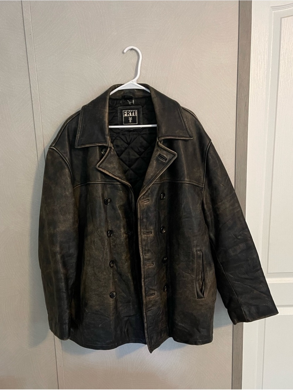 Frye Large Leather Jacket Distressed Brown Double Breasted Classic Rugged